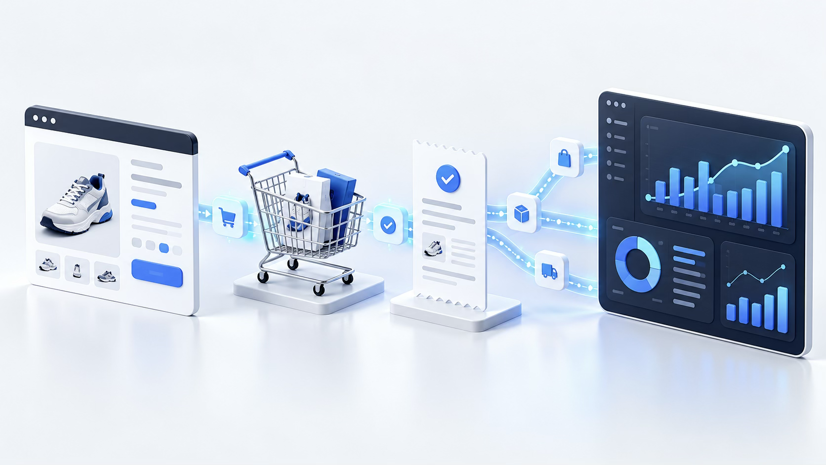 Товарная карточка, корзина и оформленный заказ связаны потоком данных с аналитической панелью